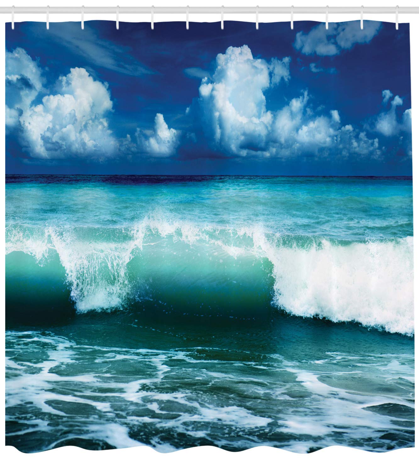 ABAKUHAUS Ocean Shower Curtain, Caribbean Island Coast Seascape Waves Water Splash Surfing Sports Theme - Image 2