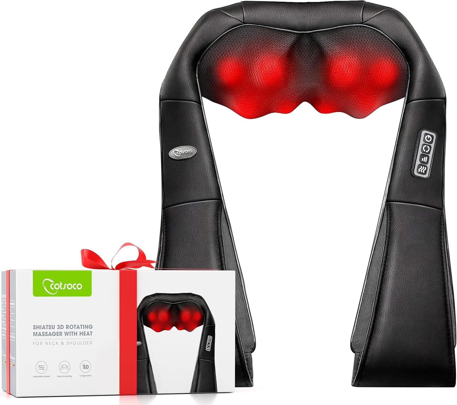 Cotsoco Masajeador de Cuello y Hombros con Calor, Shiatsu Masajeador Cervical y Espalda, 3D Masaje de amasamiento giratorio, Velocidad Ajustable - regalos originales mujer/hombre, Gris (B0BYYLTS5P)