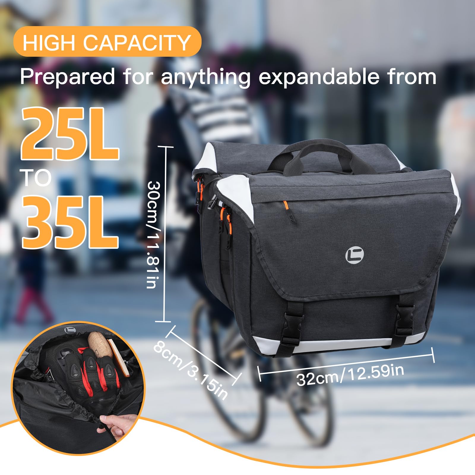 Jhua Pannier Bike Bags for Bicycles Rear Rack 35L Bike Rack Bag, Waterproof Bike Panniers, Durable Bike Saddle Bag for Rear Rack with Reflective Trim/Carrying Strap for Road Bikes, Mountain Bikes
