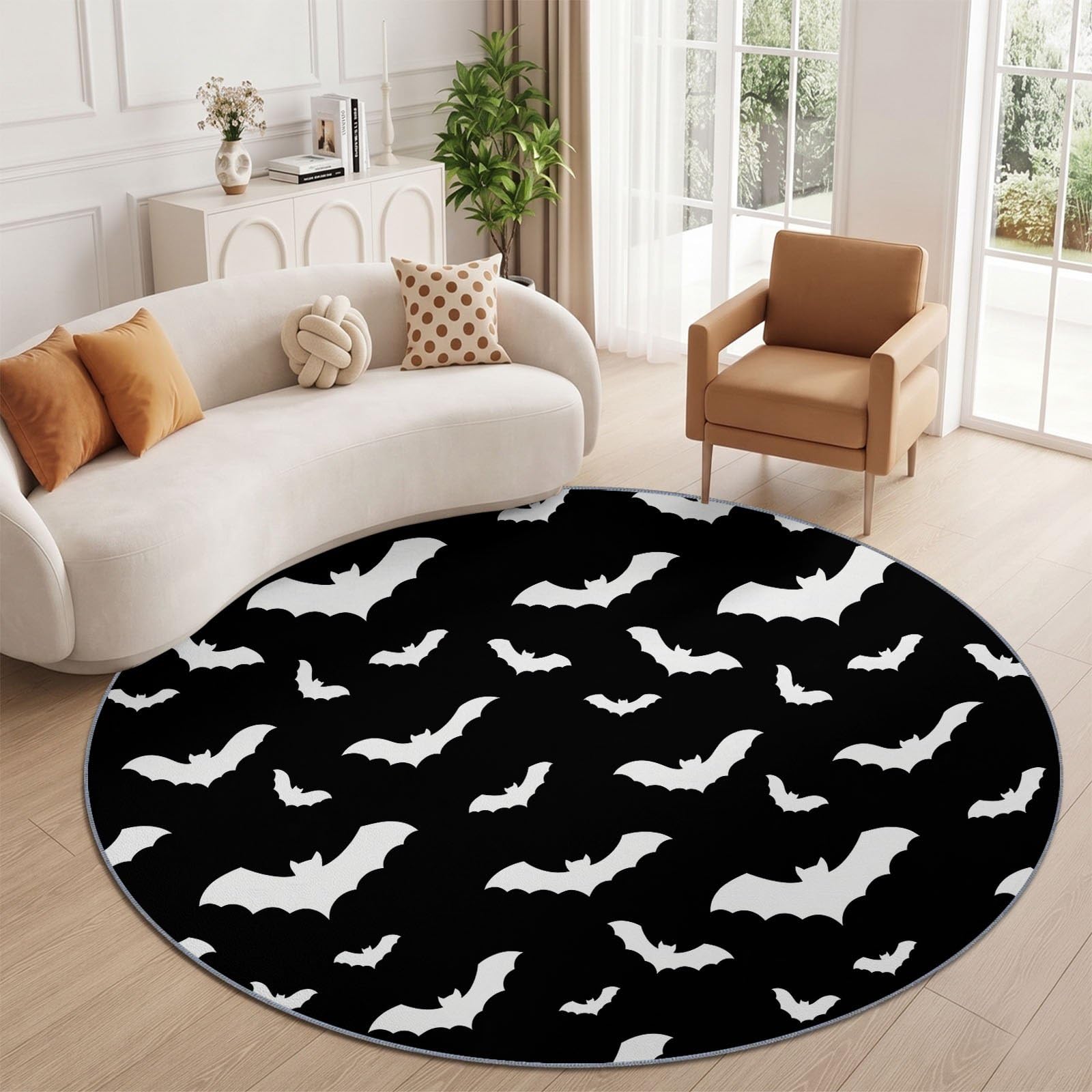 Tapis Rond Halloween Gothique 200 cm, Chauves-Souris Silhouette Animaux Lavable en Machine pour Salon, Noir Antidérapant, Poil Court Tapis Rond Imprimé pour Chambre d’Enfant Nurserie