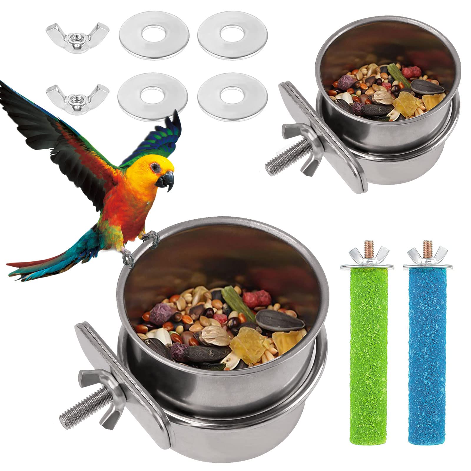 Set Accessori Gabbia Uccelli - 2 Mangiatoie Acciaio E 2 Posatoi Legno | Per Pappagalli E Animali Piccoli - Foto 7