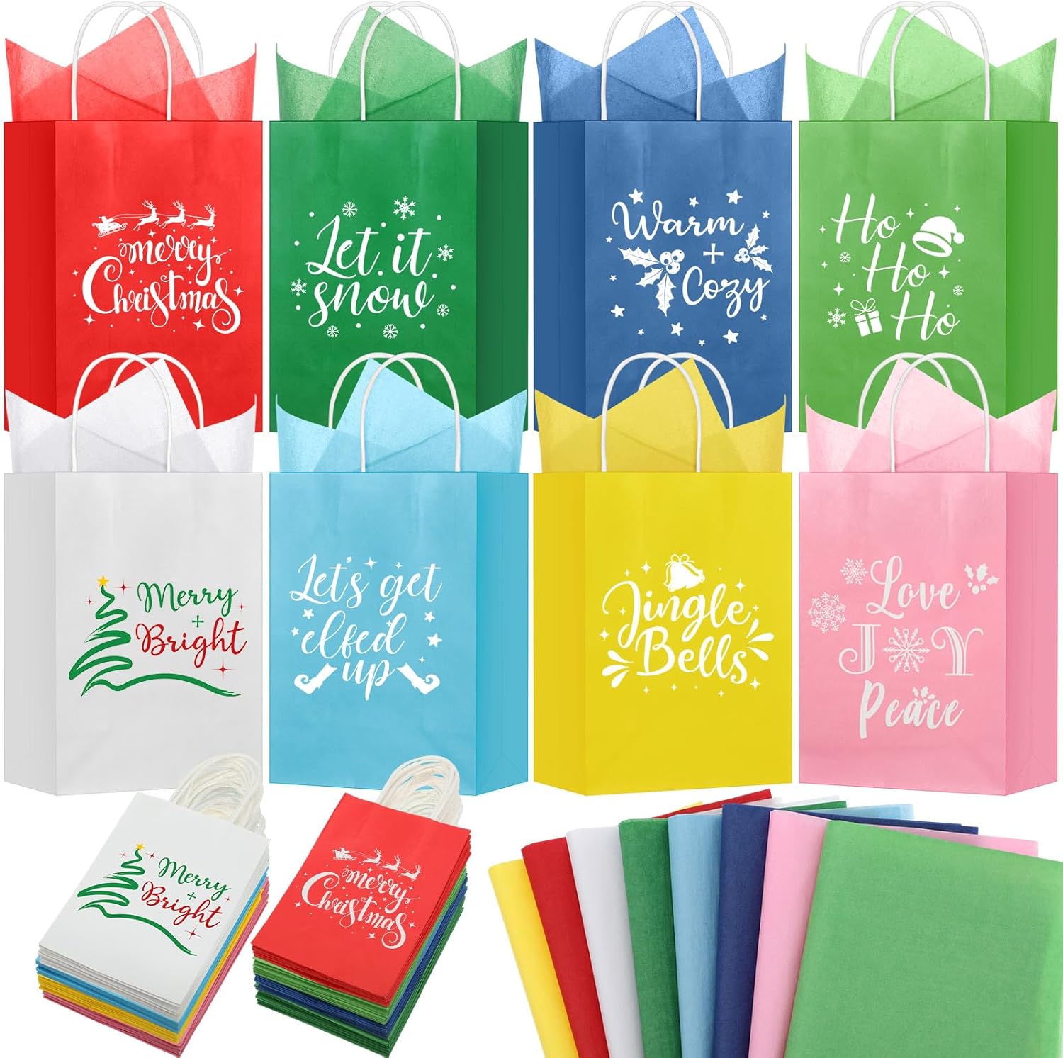 AmazingSpark 80 Pcs Christmas Gift Bags Bulk with Tissue Paper Handles 8 Styles Kraft Small Merry Christmas Holiday Wrapping Party Favors Bag Goody Treat Candy Packaging for Xmas Supplies(Multicolor)
