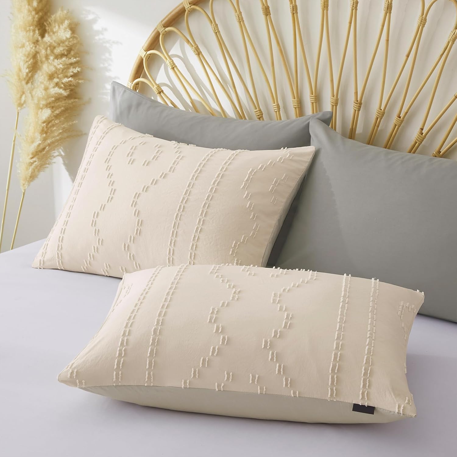 Duvet Cover King Size, 3PCS Beige Boho Duvet Cover Set, Geometric Pattern Tufted Bohemian Comforter Cover Jacquard Knit Textured Bedding Set with Zipper Closure