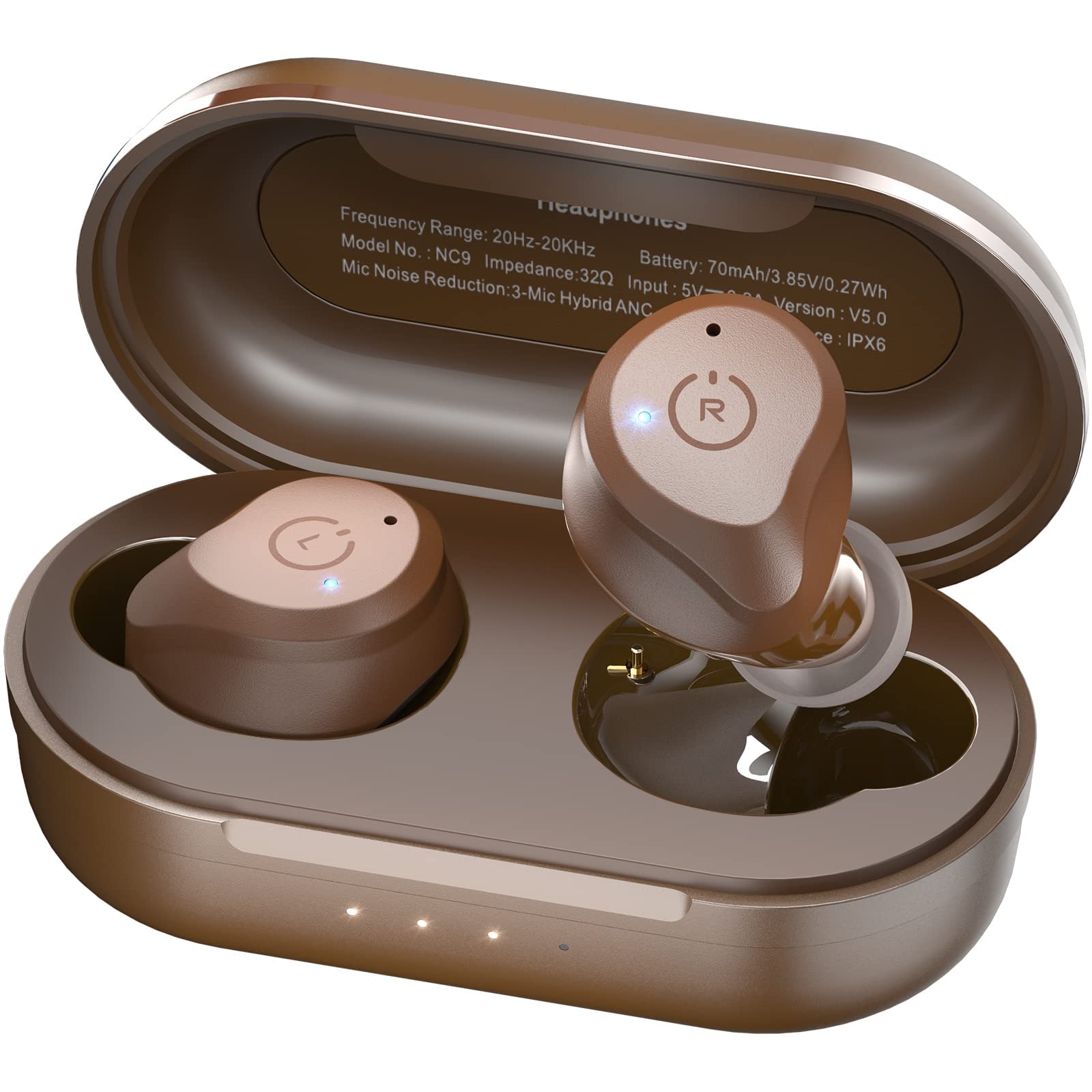 TOZO NC9 Ecouteurs Bluetooth sans Fil, Bluetooth sans Fil 5.3 avec HiFi Stéréo, ANC avec ENC Réduction du Bruit, Headphones Bluetooth 72 Heures Durée de Lecture, Contrôle Tactile (Brown)