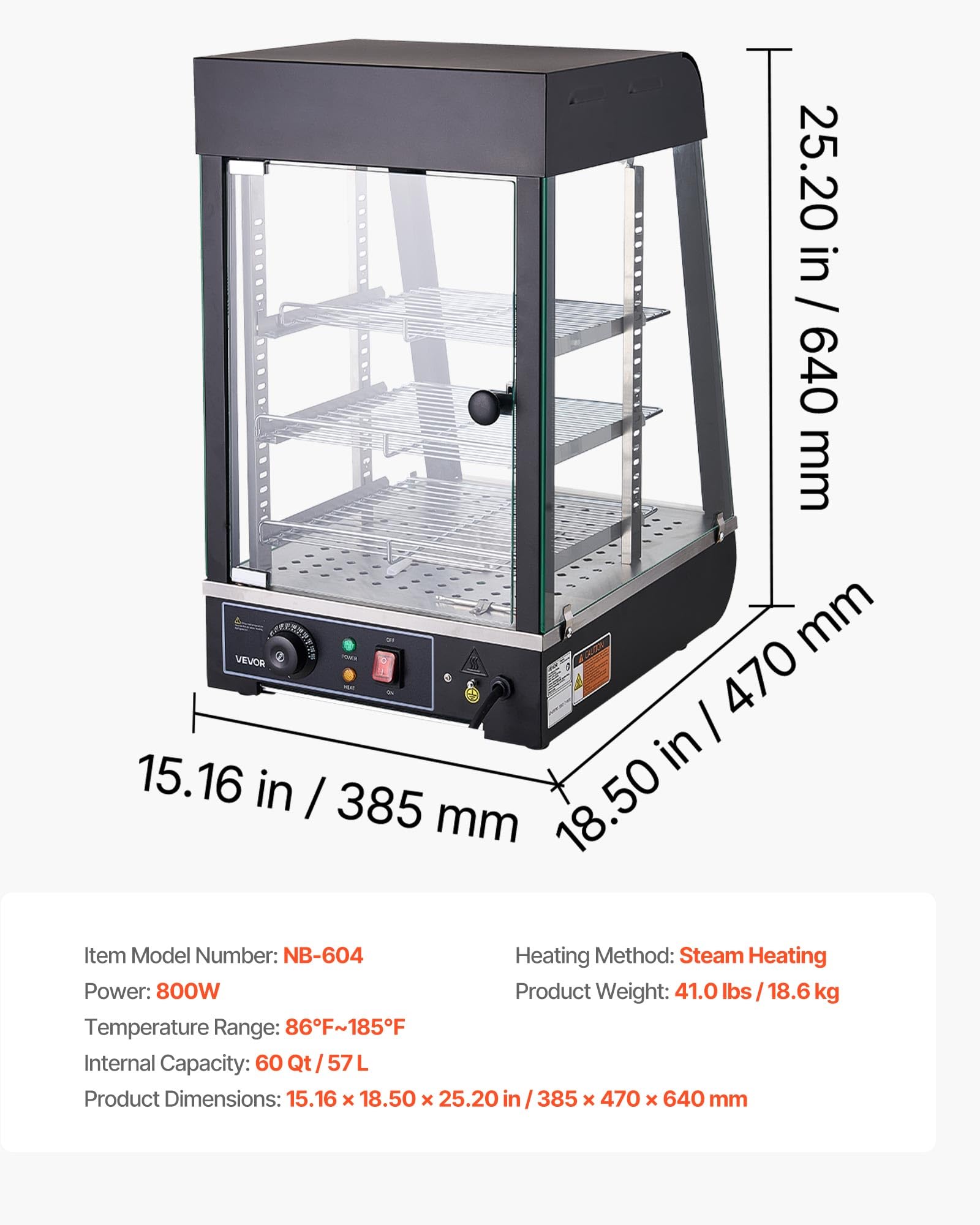 VEVOR Vitrina de Calor para Hostelería 3 Niveles 800 W, Expositor Calentador de Alimentos con 57 L Luz LED, Estantes Extraíbles, 30 °C a 85 °C, para Tapas, Hamburguesas, Pizzas, Pan, Pollo Frito