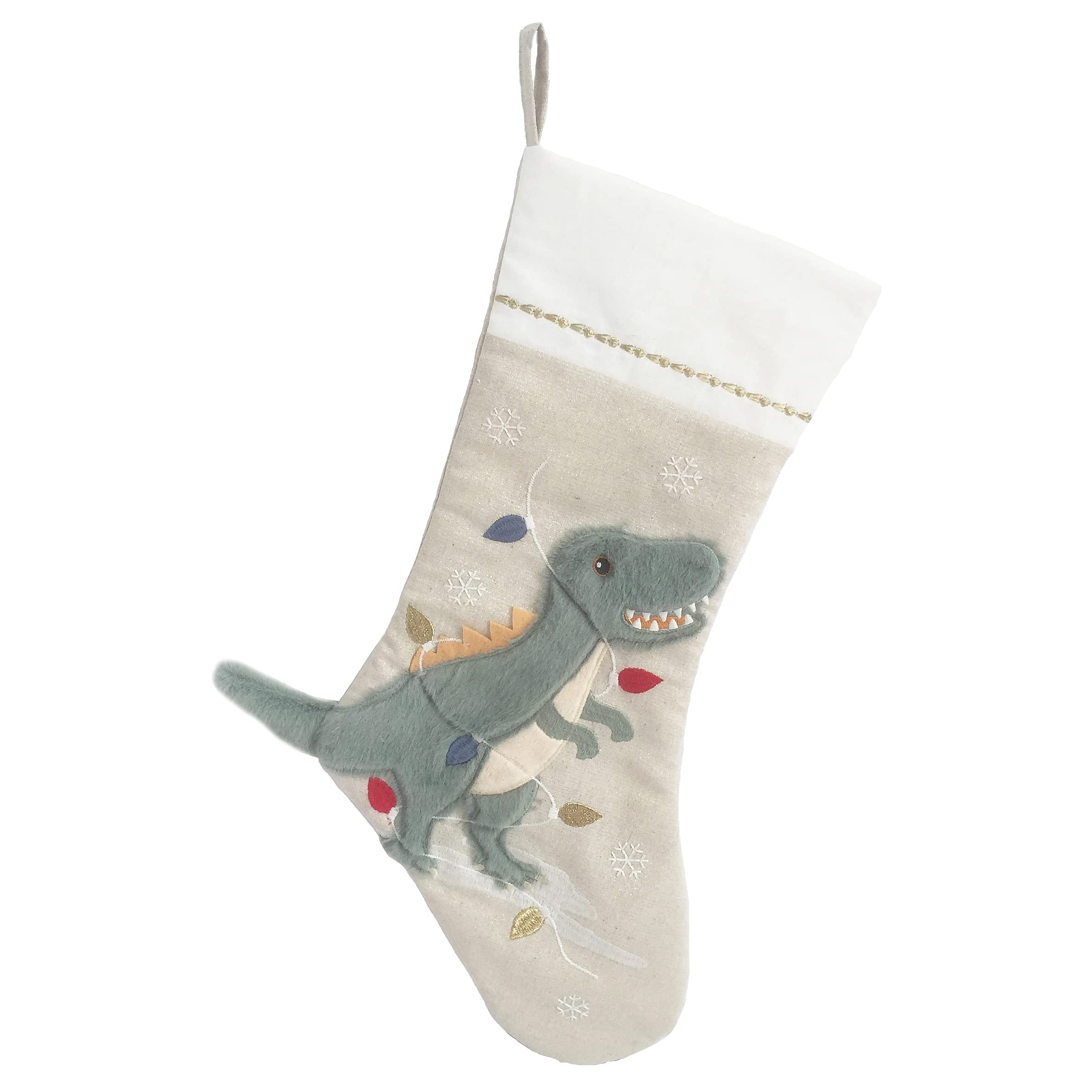MON AMI Festive Dino Linen Christmas Stocking - 21" Christmas Décor, Perfect for Monogramming, Beige, 21 IN / 53 CM
