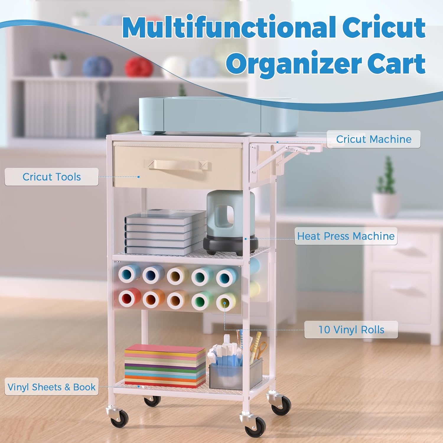 Craft Cart and Organizer Table Compatible with Craft Cutting Machine - Rolling Storage Organizer with Drawer & Vinyl Roll Holder, Crafting Table Workstation Holder for Craft Room Home Office (White)