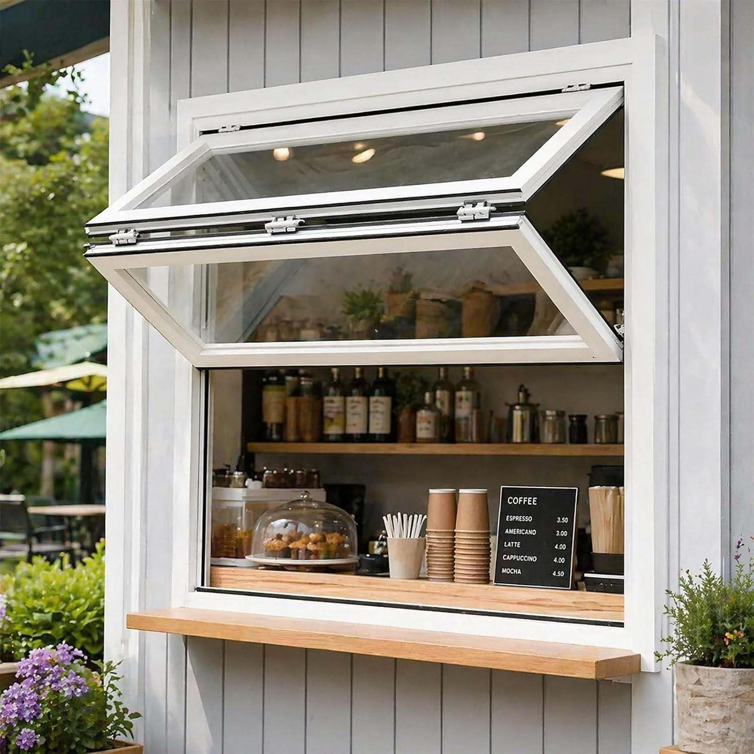 Concession Serving Window for Food Truck, Folding Serving Window with Glass and Lock, Vertical Sliding Aluminum Frame Window, Double Hung Service Window(B Frameless Bottom,WxH 20x28in)
