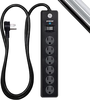 GE 6-Outlet Surge Protector, 4 Ft Extension Cord, Power Strip, 800 Joules, Flat Plug, Twist-to-Close Safety Covers, Protected Indicator Light, UL Listed, Black, 33659
