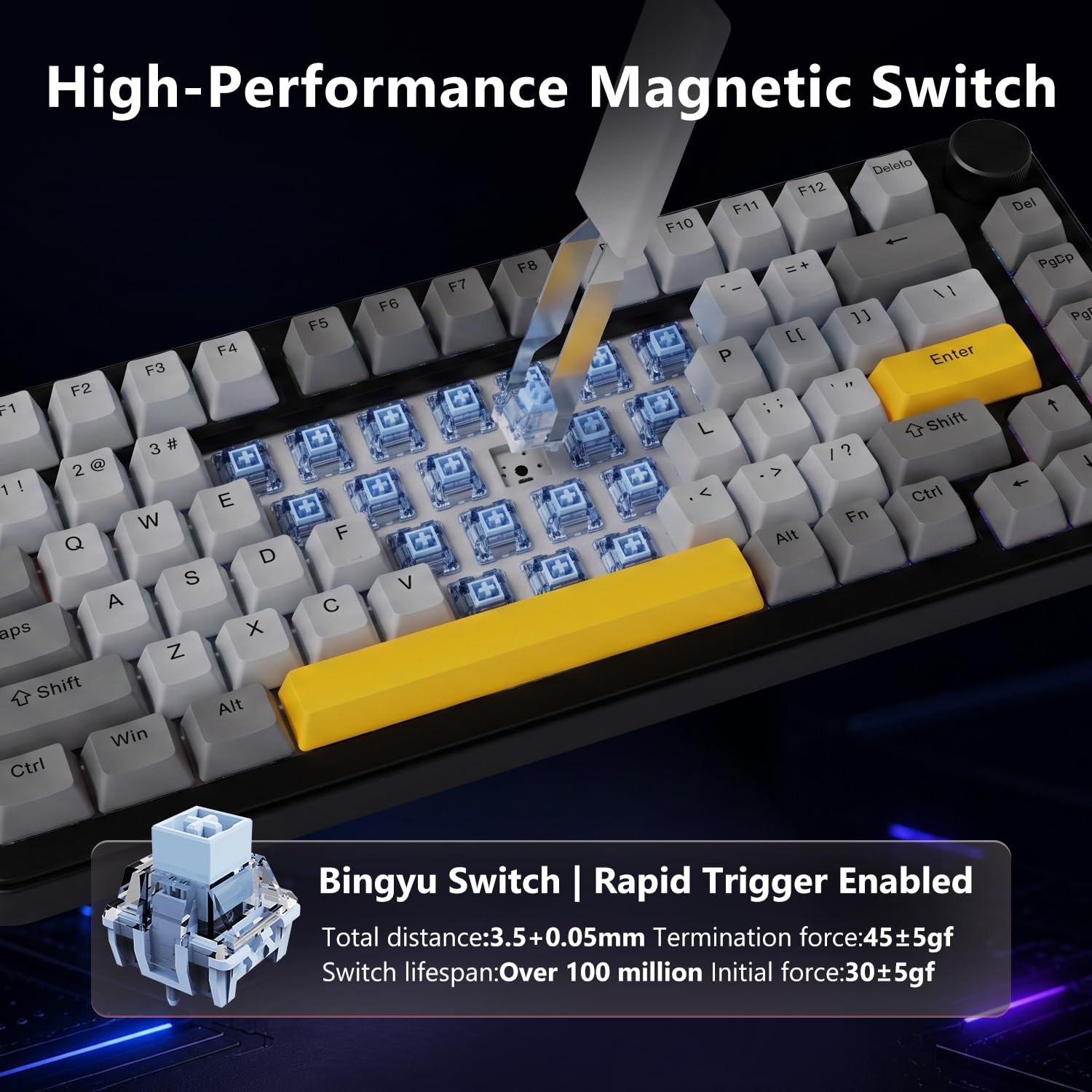 AK820 V2 - Teclado con interruptor mecánico con cable al 75%, interruptor magnético de efecto Hall Bingyu, disparador rápido ajustable, tasa de sondeo 8K, perilla inteligente TFT de 0.9 pulgadas, RGB