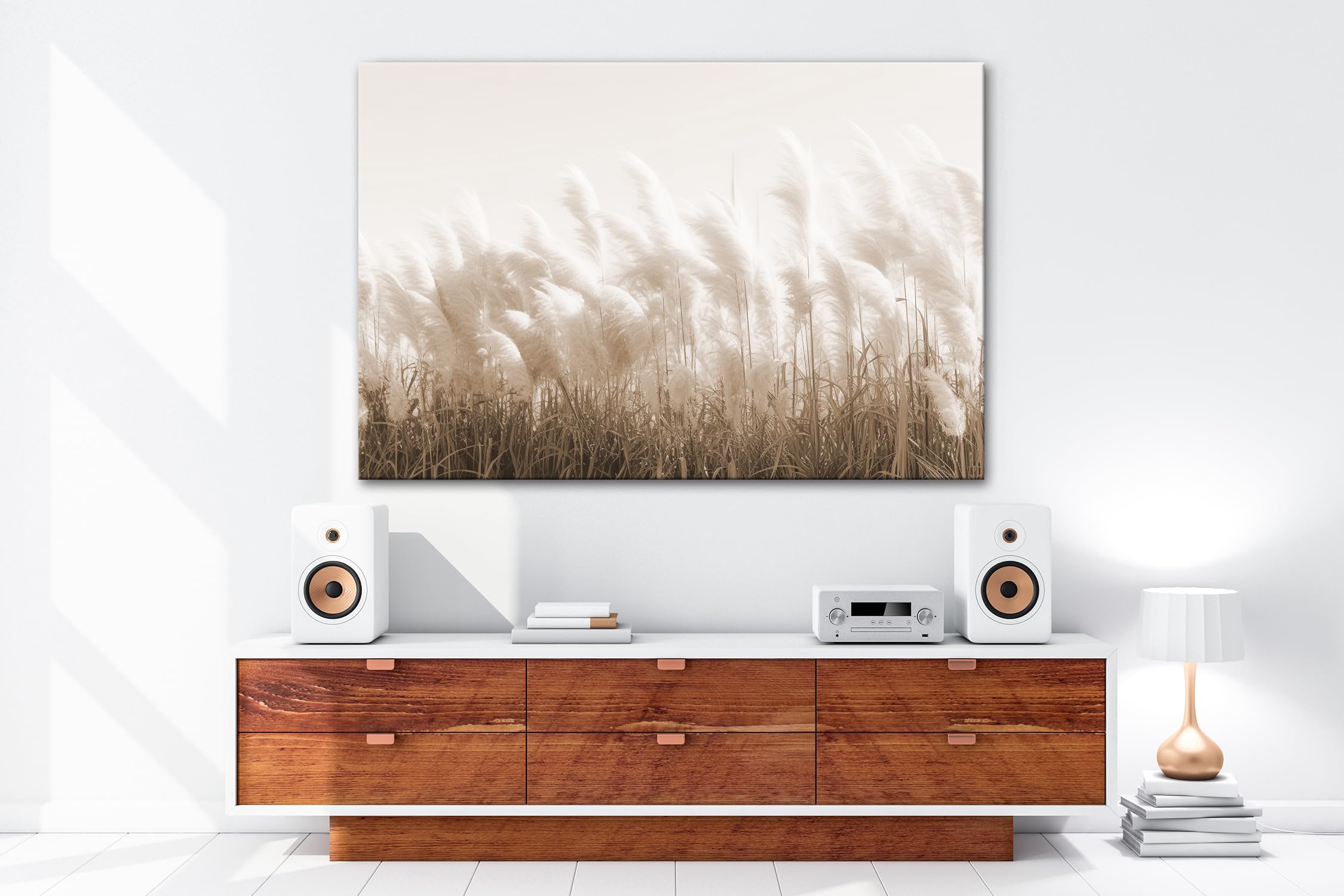 deyoli Leinwandbild Zartes Pampasgras flüstert im goldenen Sonnenhauch. Format: 100x70cm Effekt:Sepia XXL Kunstdruck Bild auf Keilrahmen/Wandbild/Wohnzimmer Dekoration