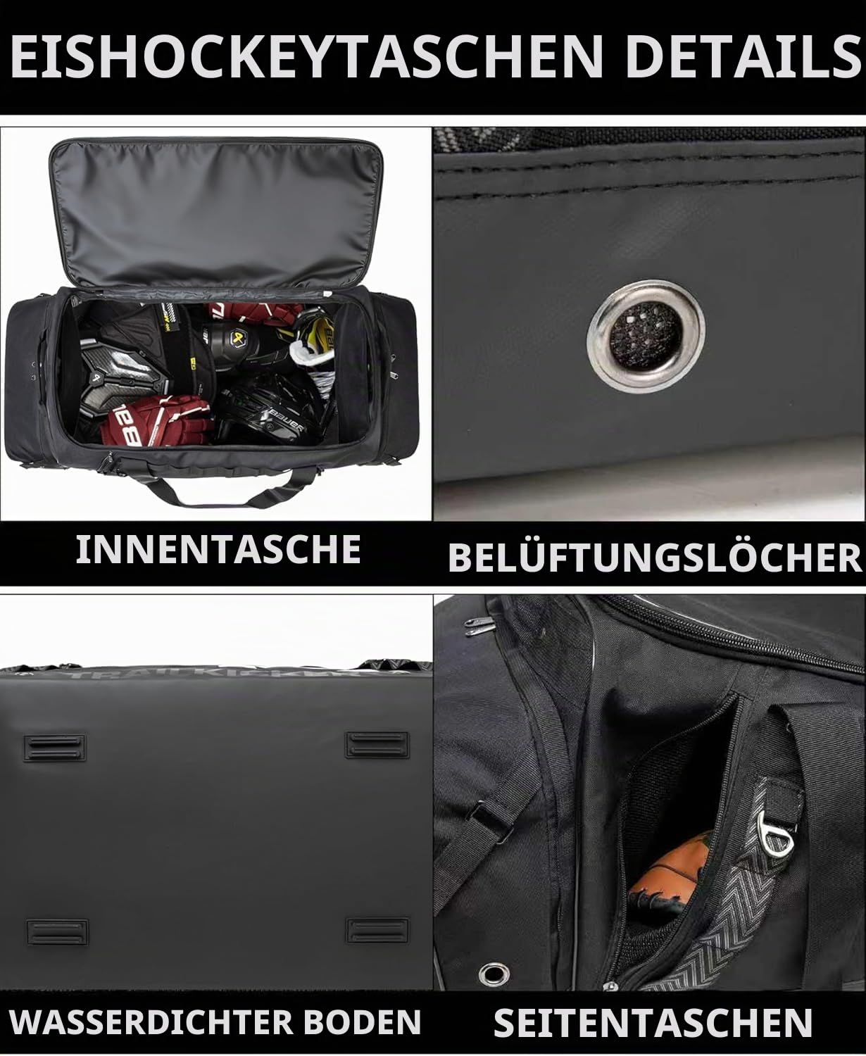 TRAILKICKER Hockeytasche, extra großer Hockey-Rucksack, für alle Hockey- oder Feldhockey-Ausrüstung, zwei Schlägerhalter und separates Stollenfach, Schwarz