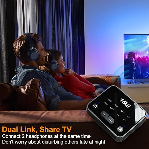 Miniatura 2 de 1Mii Transmisor Bluetooth 5.3 para TV a 2 auriculares inalámbricos, adaptador Bluetooth de largo alcance de 100 pies para TV aptX Adaptive y control
