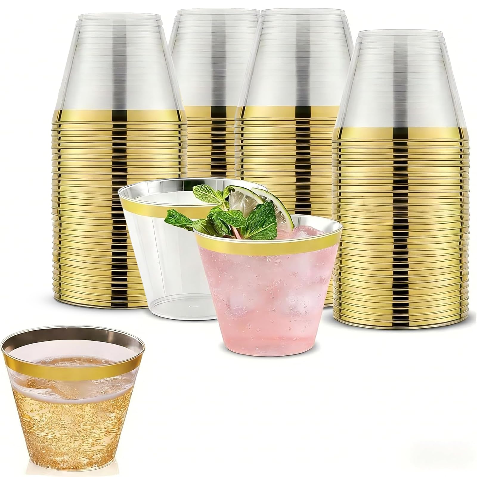 XIANJIA Pack of 100 Plastic Cups with Gold Rim 270 ml Reusable