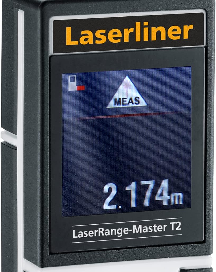 Close-up of the Umarex T2 Laser Rangefinder's LCD color display showing a measurement of 2.174m