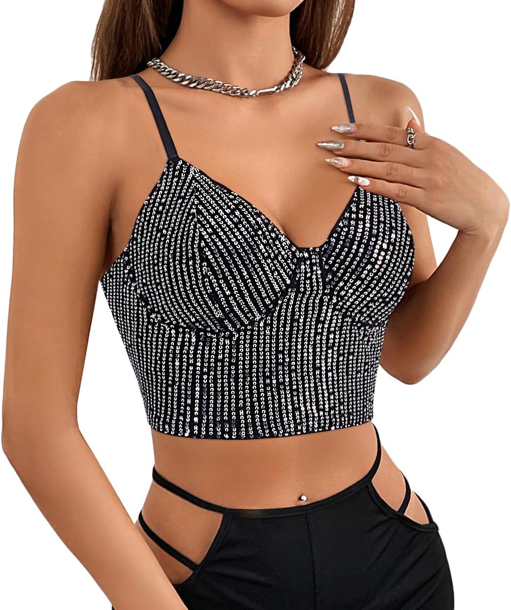 Vimoisa Women Reflective Metallic Tank Top Bustier Spaghetti Strap Crop Top Tight Sleeveless Tube Top Vest Blouse - Image 6
