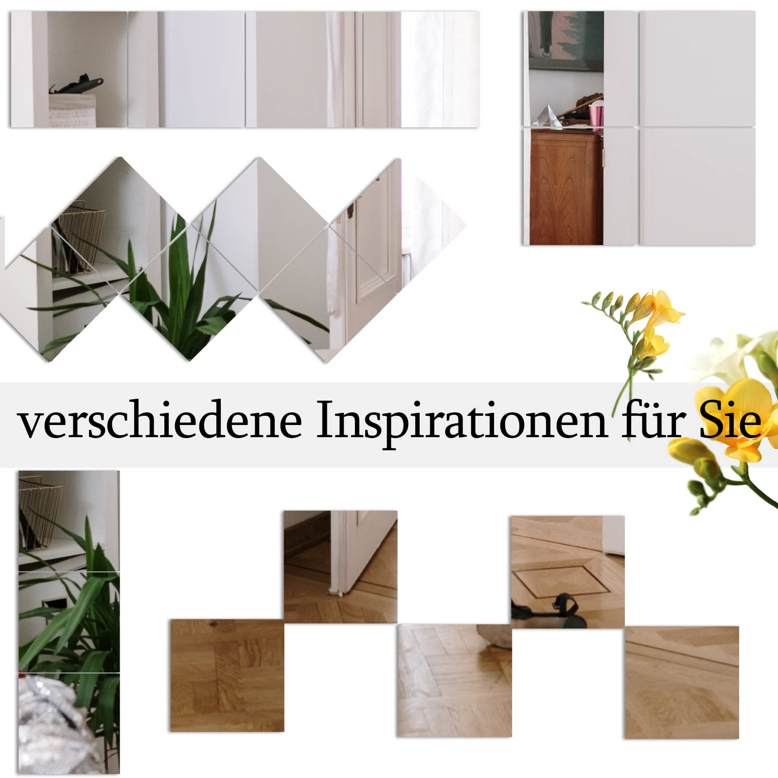 Muzilife Glas Klebespiegel Spiegelfliesen Spiegel Selbstklebend, 3 Stücke 40x40cm Spiegel zum Kleben, DIY Wandspiegel Set in Küche, Wohn- und Badezimmer