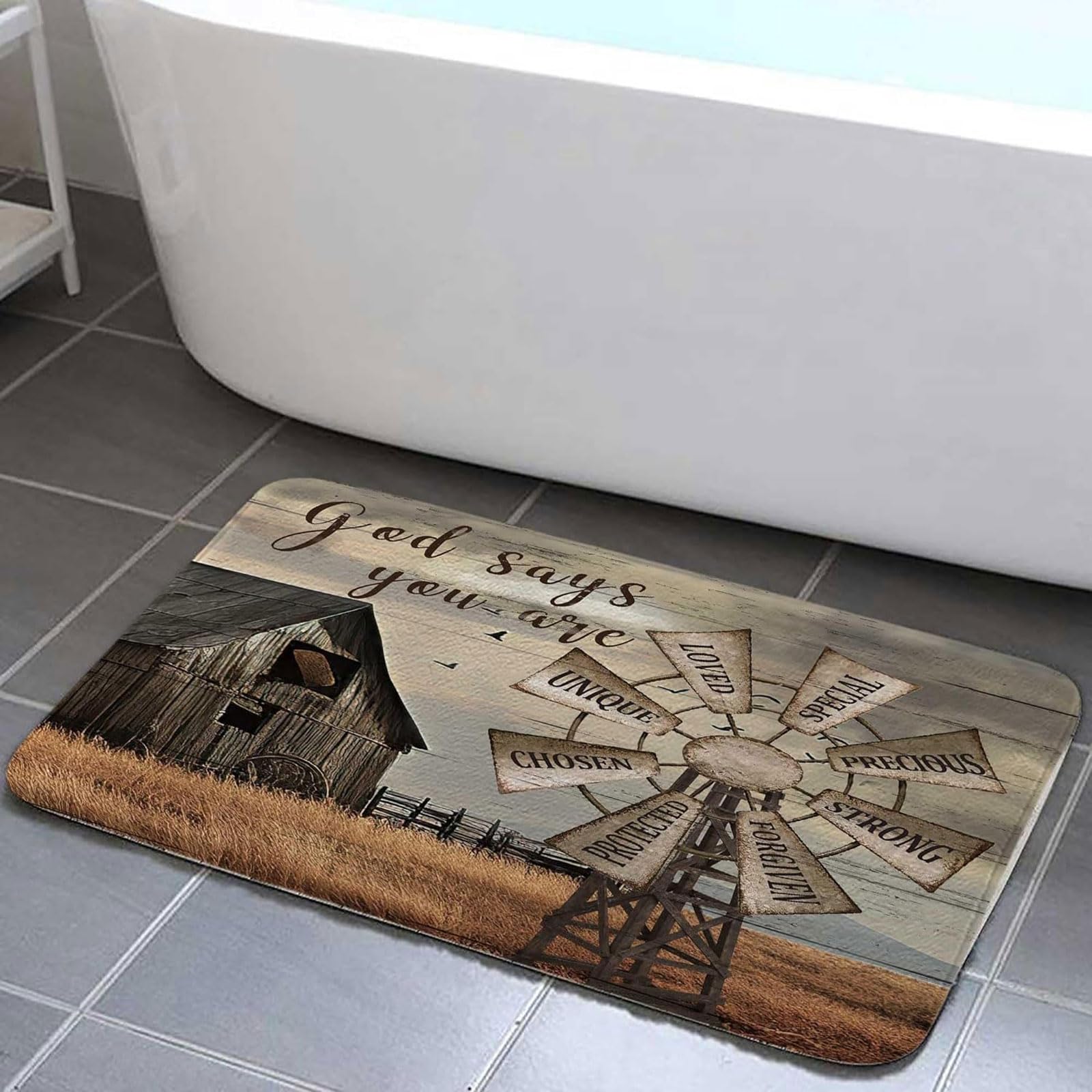 Jipusai Rustic Western Barn Windmill Bath Rugs for Bathroom,Inspirational Quotes Country Vintage Bathmat Bathroom Decor, Flannel Shower Rug Non Slip