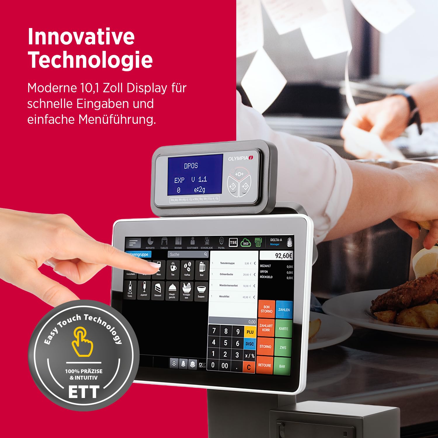 OLYMPIA WK1 Kassensystem mit Waage POS-Registrierkasse TSE-konform 10,1" Touch-Display Thermodrucker All-in-One System 2g/6kg 5g/15kg