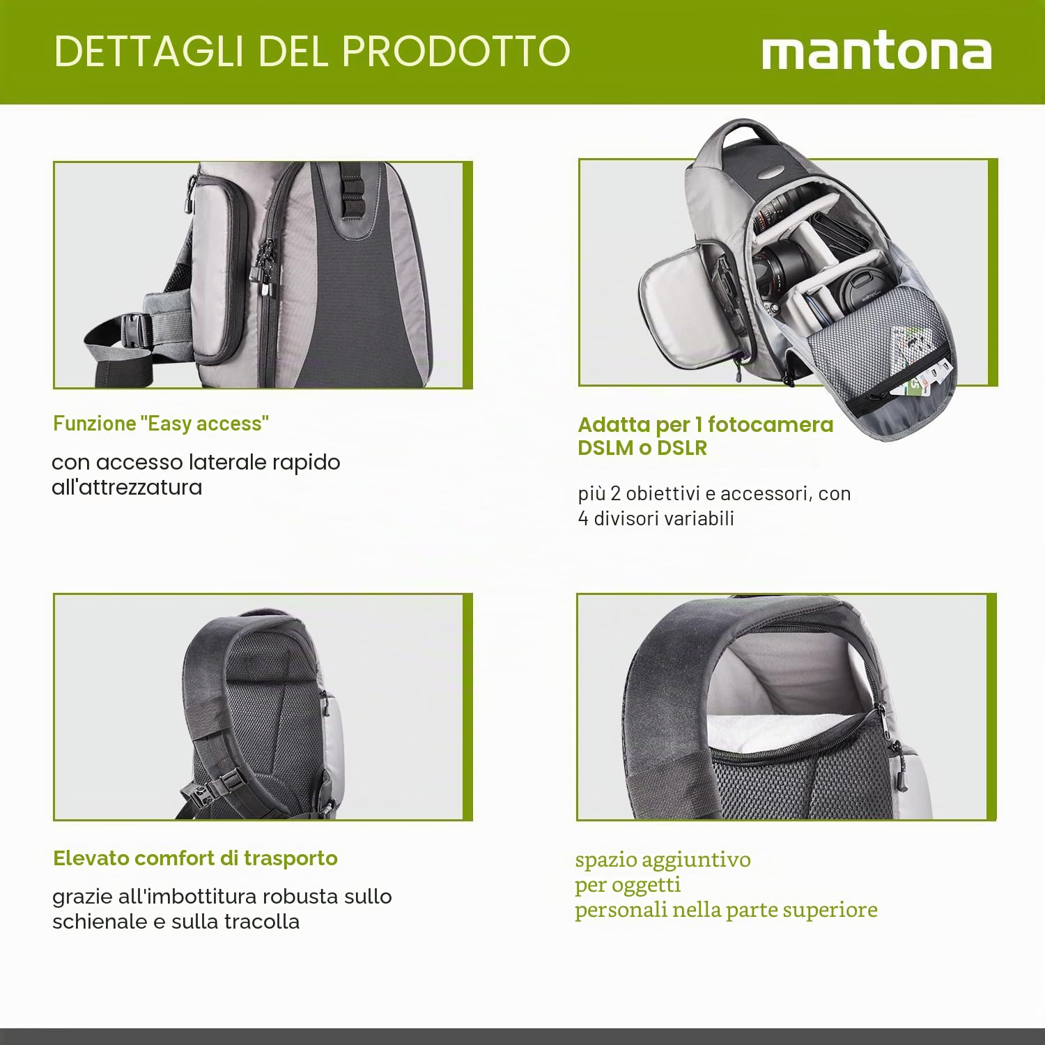 Mantona Miami Zaino per Fotocamera Reflex, Accesso Rapido per Reflex con Obiettivo Inserito, 4 Obiettivi Aggiuntivi