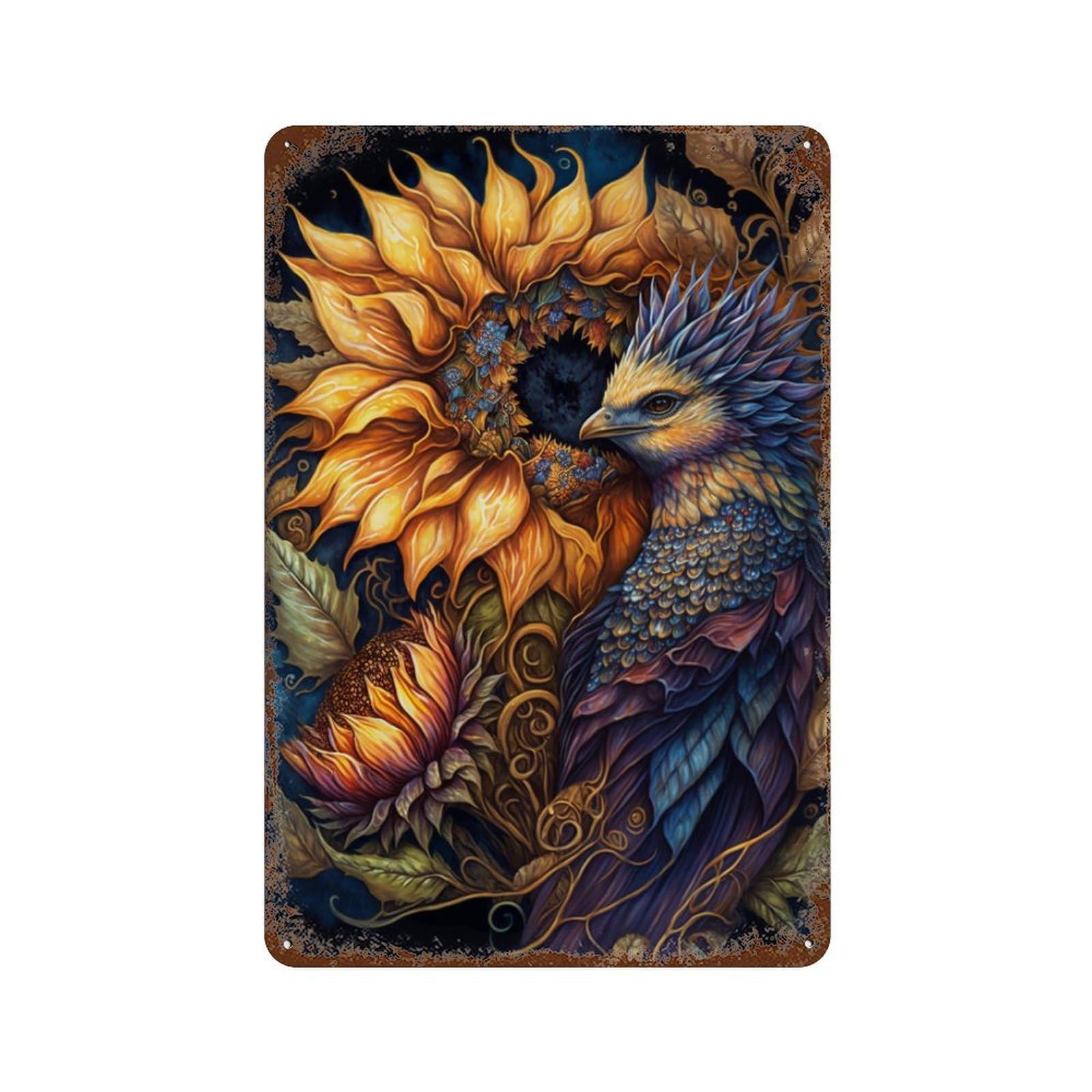 Fantasy Bird Sunflower Art Print Rusty Metal Tin Sign 11.8"x7.9", Vintage Wall Decor for Garage, Pub Or Kitchen