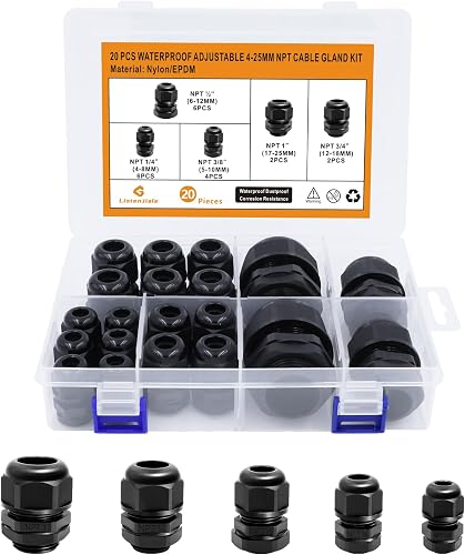 Cable Gland Waterproof, 20Pcs Nylon NPT Cable Gland Kit, Black