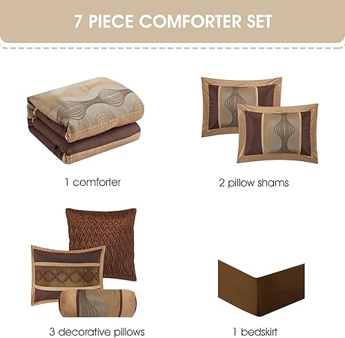 Miniatura 4 de Grand Avenue - Juego de edredón marrón tamaño california king, 7 piezas en una bolsa, juego de cama de jacquard a rayas para todas las estaciones,