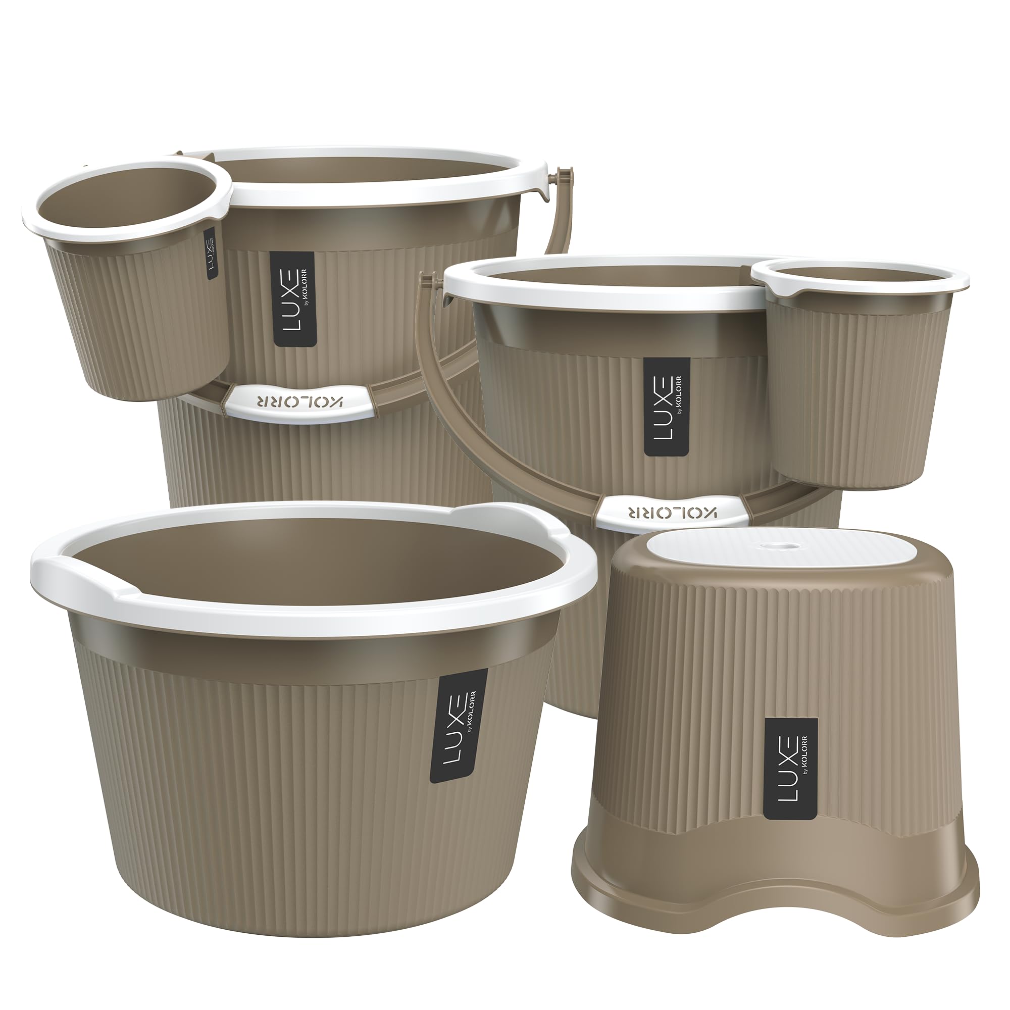 KOLORR Luxe Bathroom Set (Bucket 25L x 2) + (Mug 1.5L x 2) + (Luxe Patla x 1) + (20L Tub x 1)|Sturdy and Durable |Lightweight| Easy to Clean and Attractive Design|Pack of 6| Ratan LT Brown-image-23