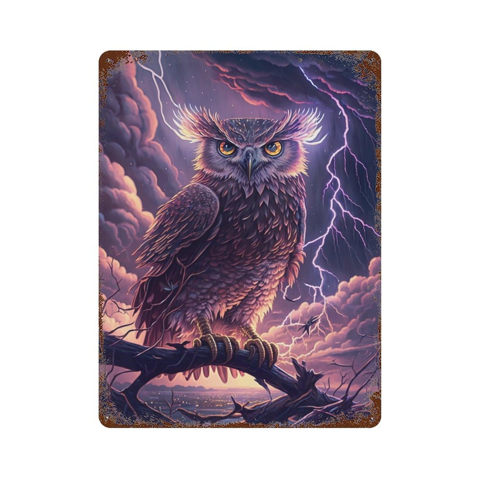 Thunderstorm Owl Perch Distressed Metal Wall Sign 15.7"x11.8", Rustic Home Decor for Living Room, Hallway And Home Decor