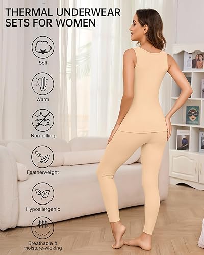 Miniatura 3 de Conjuntos de ropa interior térmica para mujer, pantalones largos de forro polar, capa base térmica, para clima frío, conjunto de camiseta e inferior