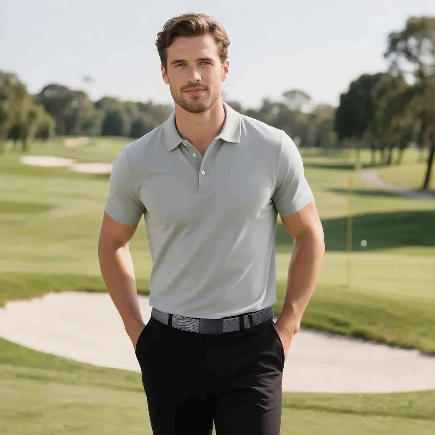 Men's Canvas Web Belt with Black Buckle, Black and Gray Reversible Striped Adjustable Work Belts - Image 3