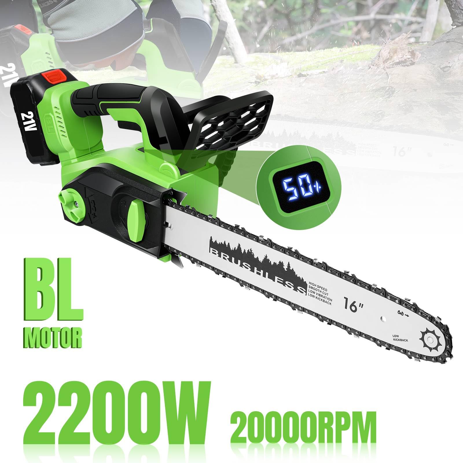 Motosierra de Batería 16 Pulgadas,Motosierra Eléctrica 2200W,indicador de potencia LED,3150 m/min,con 2 baterías de 4.0 Ah,Lubricación Automática de Aceite de Bomba, para Podar Árboles