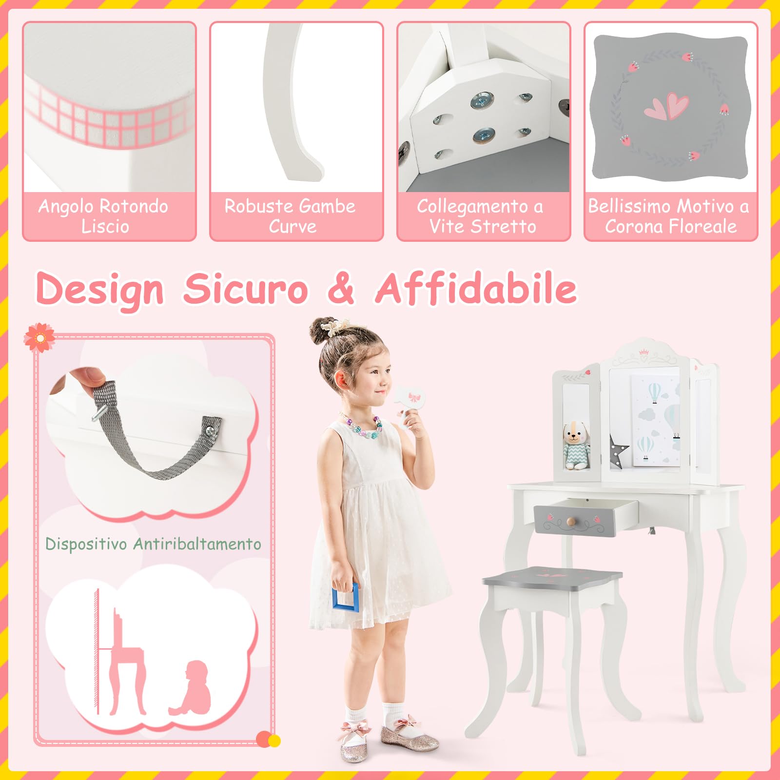 RELAX4LIFE Toeletta Trucco per Bambina, Specchiera Trucco con Sgabello e Accessori da Trucco, Toeletta in Legno, Specchio Rimovibile, per Bambini 3+ Anni (TRIPLO, 34x50x93cm)