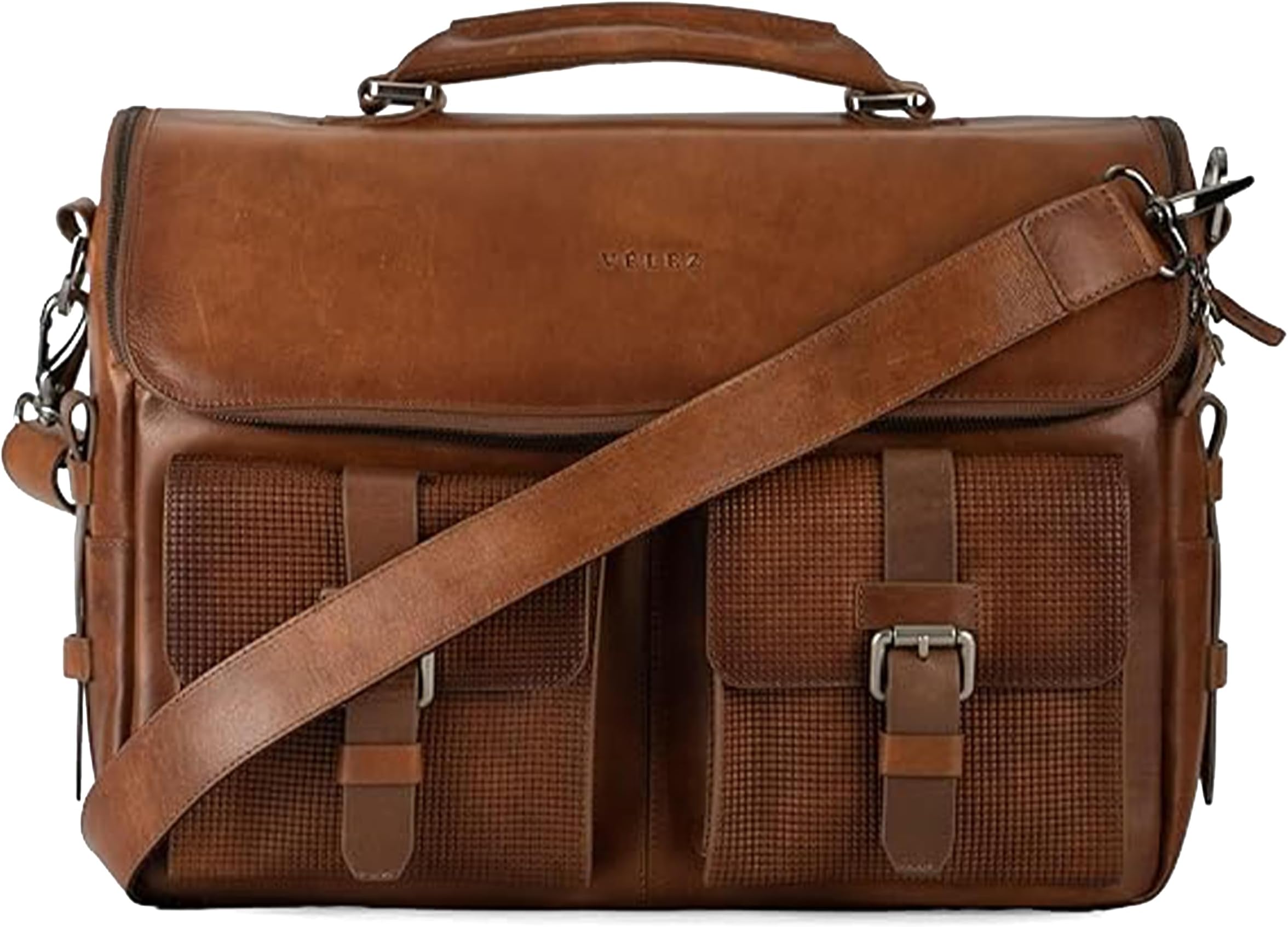 VELEZ Tan Full Grain Leather Messenger Bag for Men - 15" Laptop Briefcase - Mens Vintage Business Crossbody Computer Bags