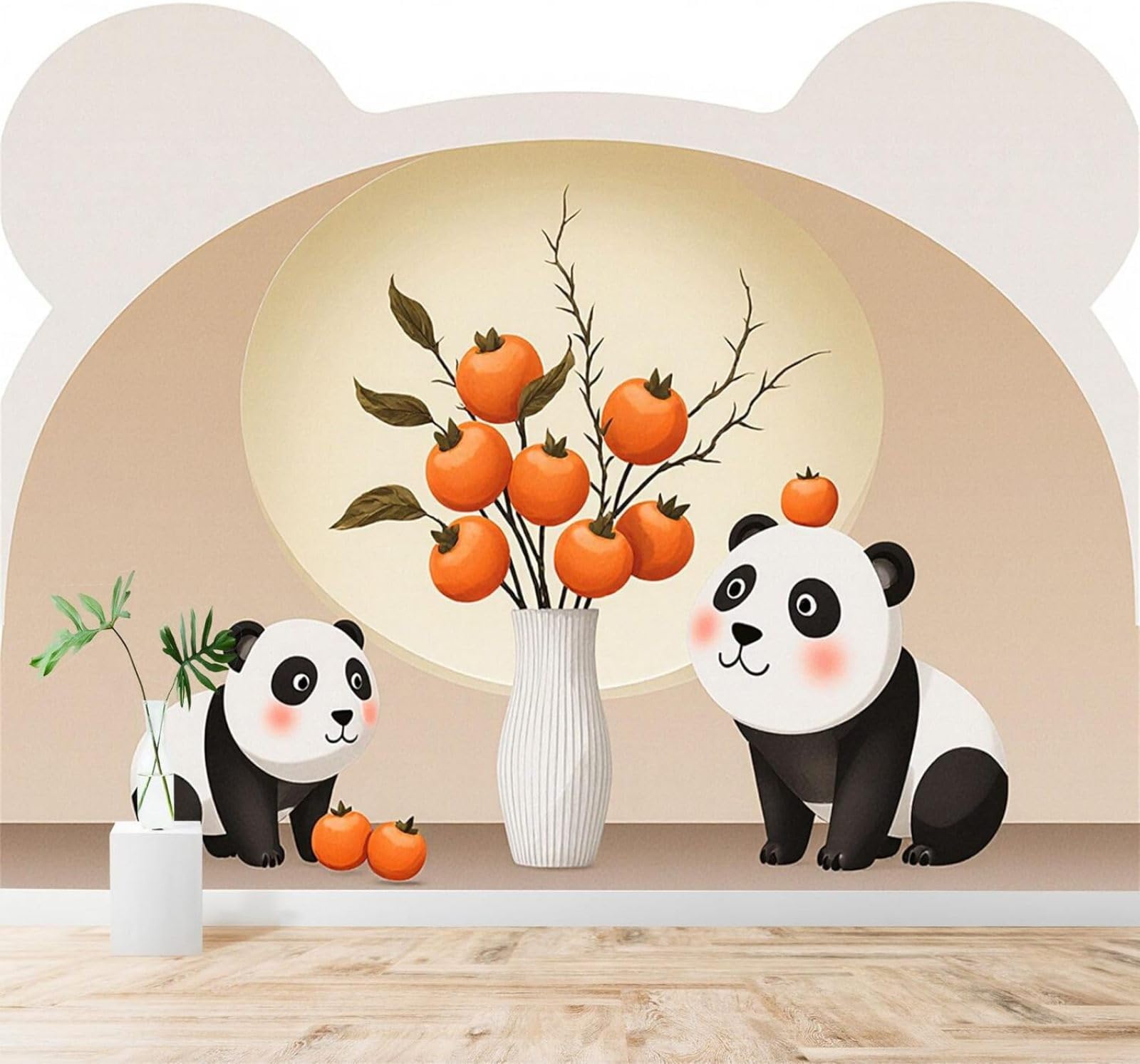 Xlming 350Cm×256Cm(B×H) Persimmon Branch Vase Illustration Cute Panda 3D Wallpaper Premium Textured Silk Study Dining Living Room Bedroom Sofa Tv Wall Easy Install-350Cm×256Cm