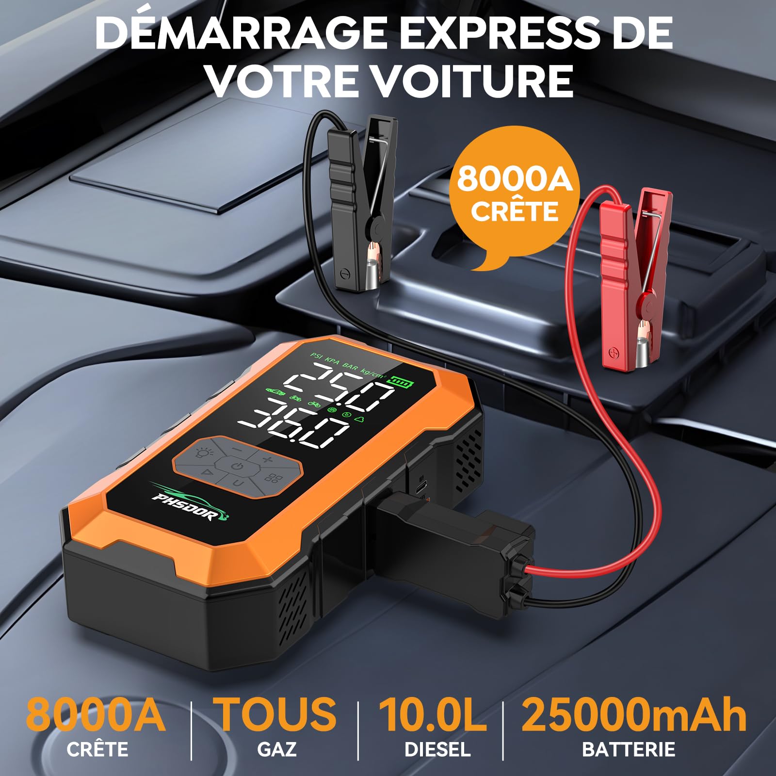 8000A Booster Batterie Voiture avec Gonfleur 150PSI, 25000mAh Démarreur Batterie Voiture (Tous Gaz ou 10L Diesel), 12V Booster de Batterie, Jump Starter avec Lumière LED (Orange)