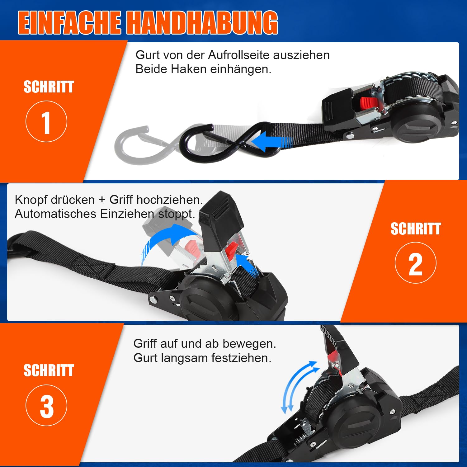 4 Stück Automatik Spanngurt mit S Haken | Automatischer Spanngurtaufroller 3m x 25mm,750KG Bruchlast | Selbstaufrollende Spanngurte für Motorrad, Anhänger und LKW, Schwarz