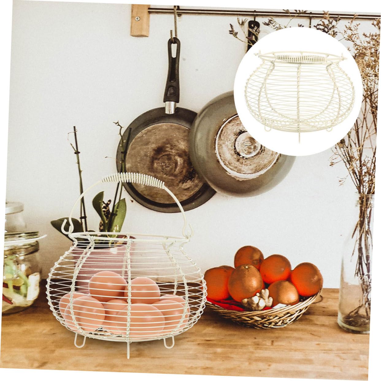 2 Stück Eierkorb aus Eisen mit Griff Leichter und Tragbarer Aufbewahrungskorb für Küche und Obst Vintage Design Weiß für Bauernmarkt und Arbeitsplatte
