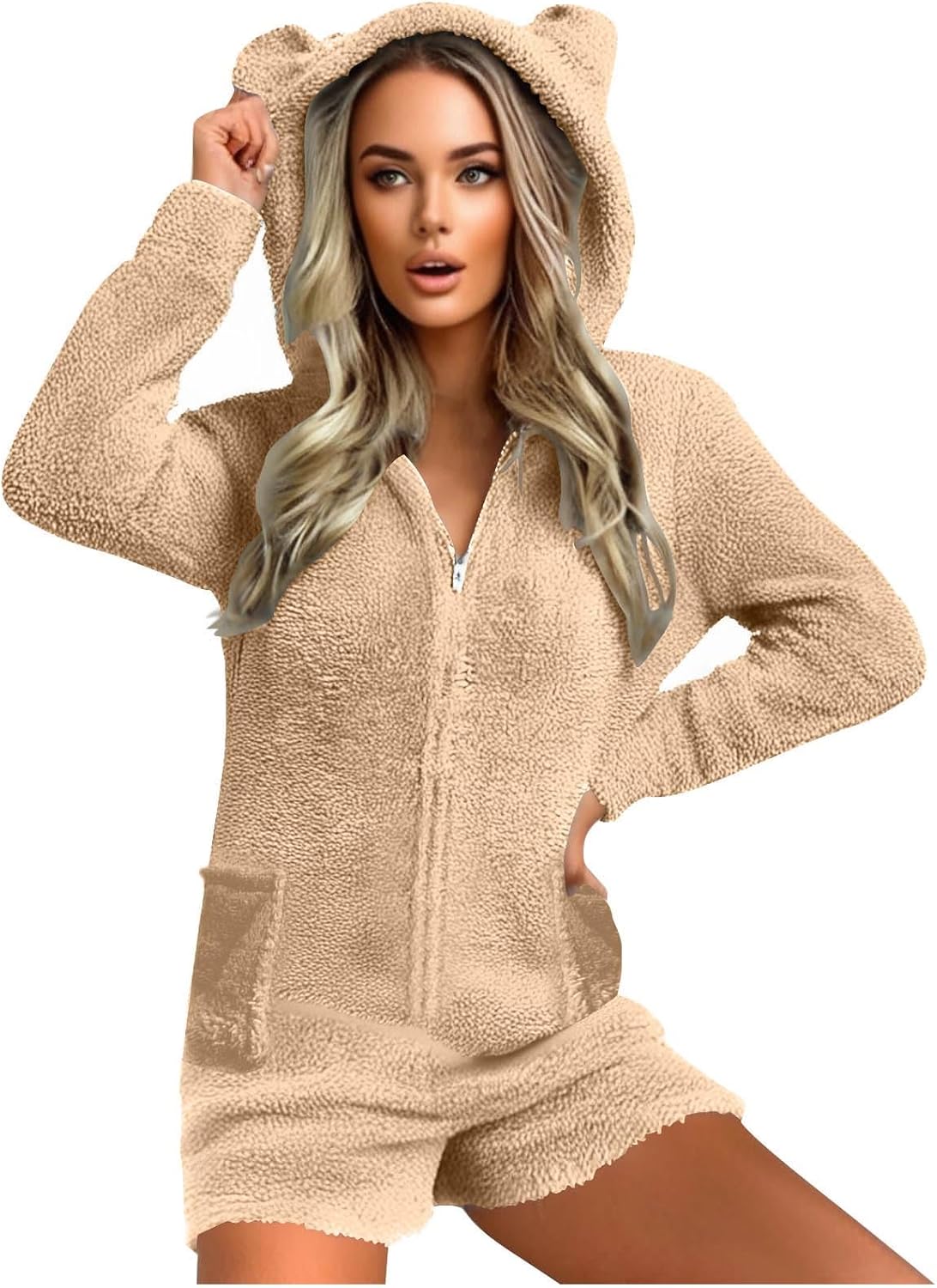 Womens Fuzzy Short Jumpsuit Long Sleeve Zip Up Hooded Winter Warm Sherpa Pajamas Loungewear with Bear Ear Pockets