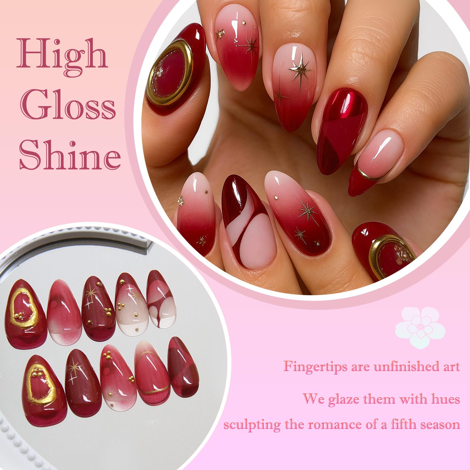 30PCS Red Almond Press On Nails, 3D Gold Stars and Gold Pearl Design - Image 2