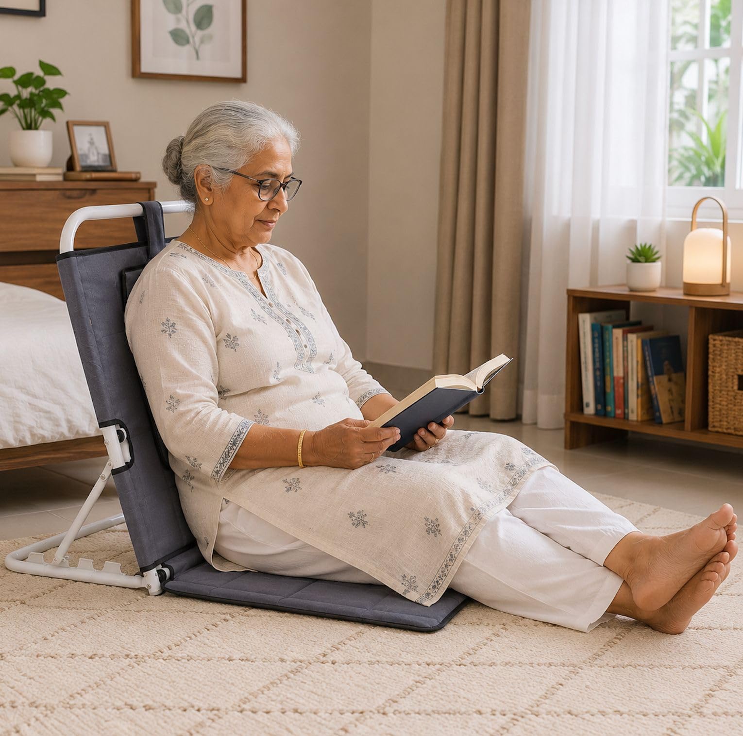 Kawachi Portable Folding Angle Adjustable Backrest Hospital Patients Bed Chair with Back Support Useful for Floor, Beach, Reading, Meditation, Disability Chair Gray-image-37