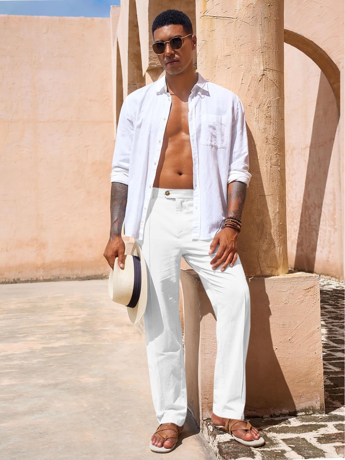 Runcati Mens Casual Pants Elastic Waist Cotton Linen Pants Pleated Loose Fit Lightweight Beach Yoga Trousers