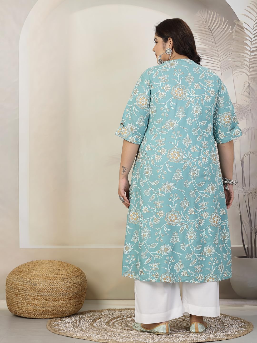 Stylum Plus Size Women Floral Print Rayon A-Line Kurta (Fionaaquaplus46_Aqua, 3Xl)