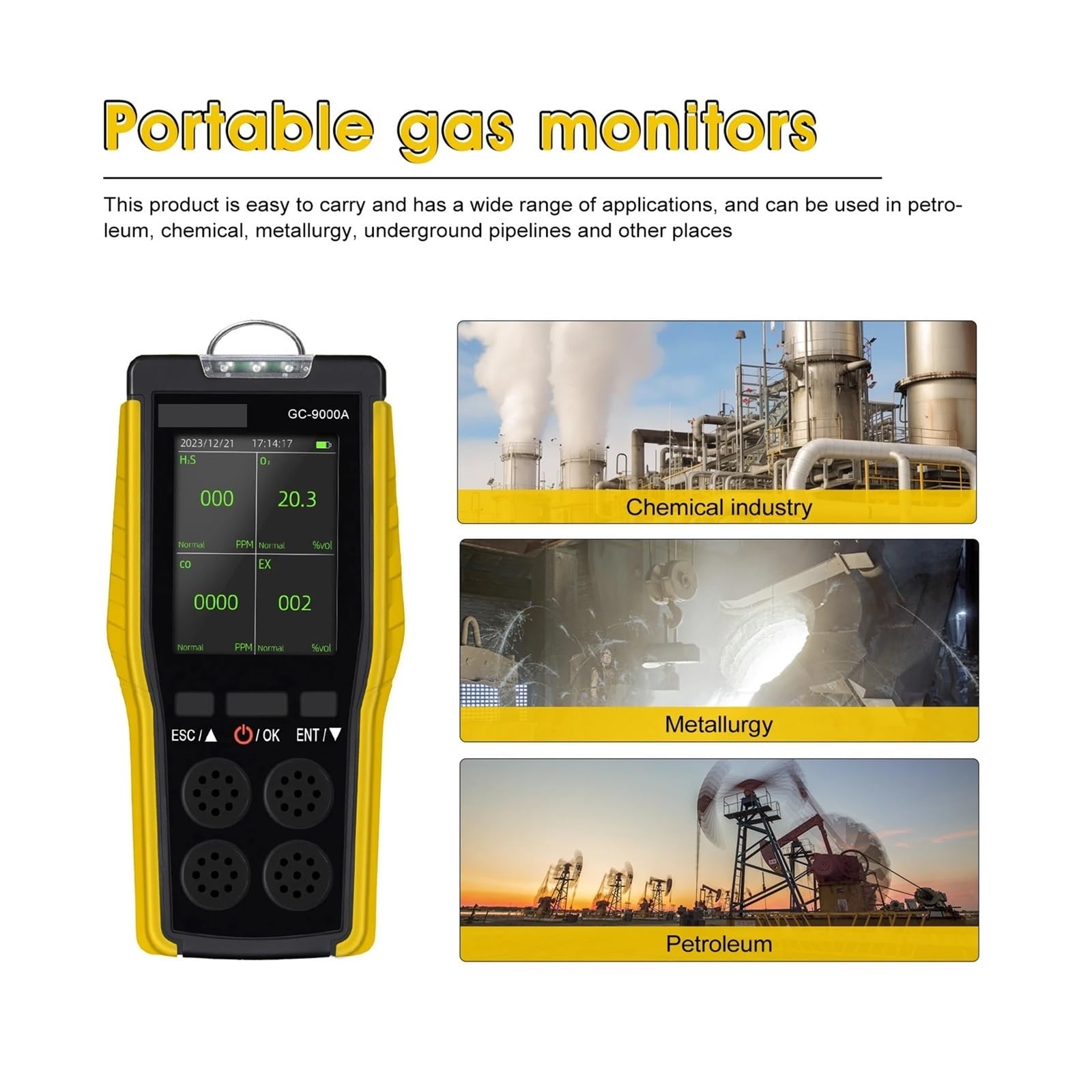 Detector de Gases, Detector de Gas Profesional, analizador O₂ EX H₂S CO, Monitor Calidad del Aire for Seguridad Industrial, Sensor 9000A