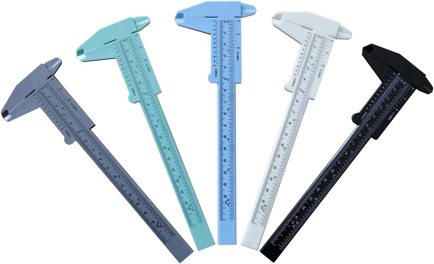 Double Scale Plastic Vernier Caliper,5 Pcs 5 Colors,6Inchs 150mm,Length Measuring Tool for Carpentry,Office,Garage,Students Experiment