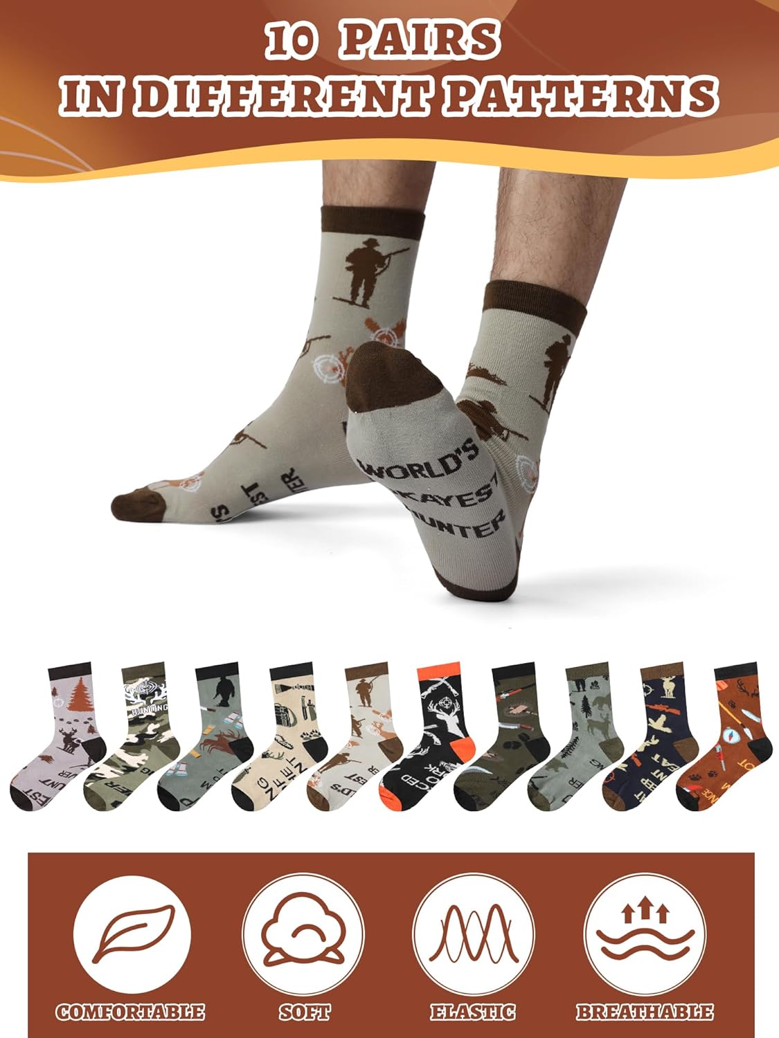 Eurzom 10 Pairs Funny Hunting Socks Gift for Men Novelty Hunting Crew Dress Socks Birthday Father's Day Gift for Hunters Boyfriend Dad Men - Image 5