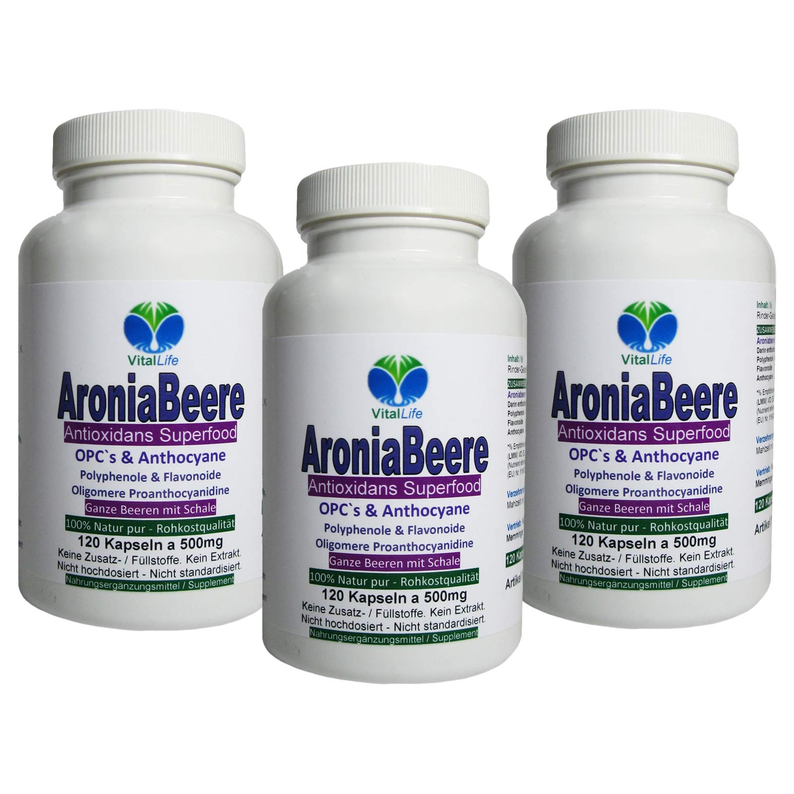 Aroniabeere Aronia 360 (3x120) Kapseln OPC + Antioxidantien (Radikal Fänger) + Vitamine C+E+K - Anthocyane + Flavonoide für Immunsystem & Abwehrkräfte - NATUR PUR ohne ZUSATZSTOFFE. 26855-3