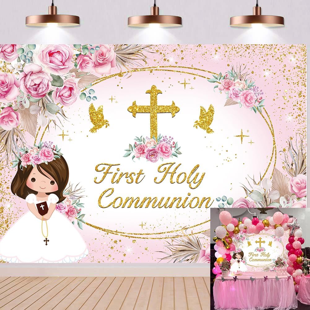 First Holy Communion Backdrop Pink Floral Gold Glitter Cross God Bless Baptism Background for Girls Newborn Christening Party Decoration Christian Event Photo Booth Props 8x6FT