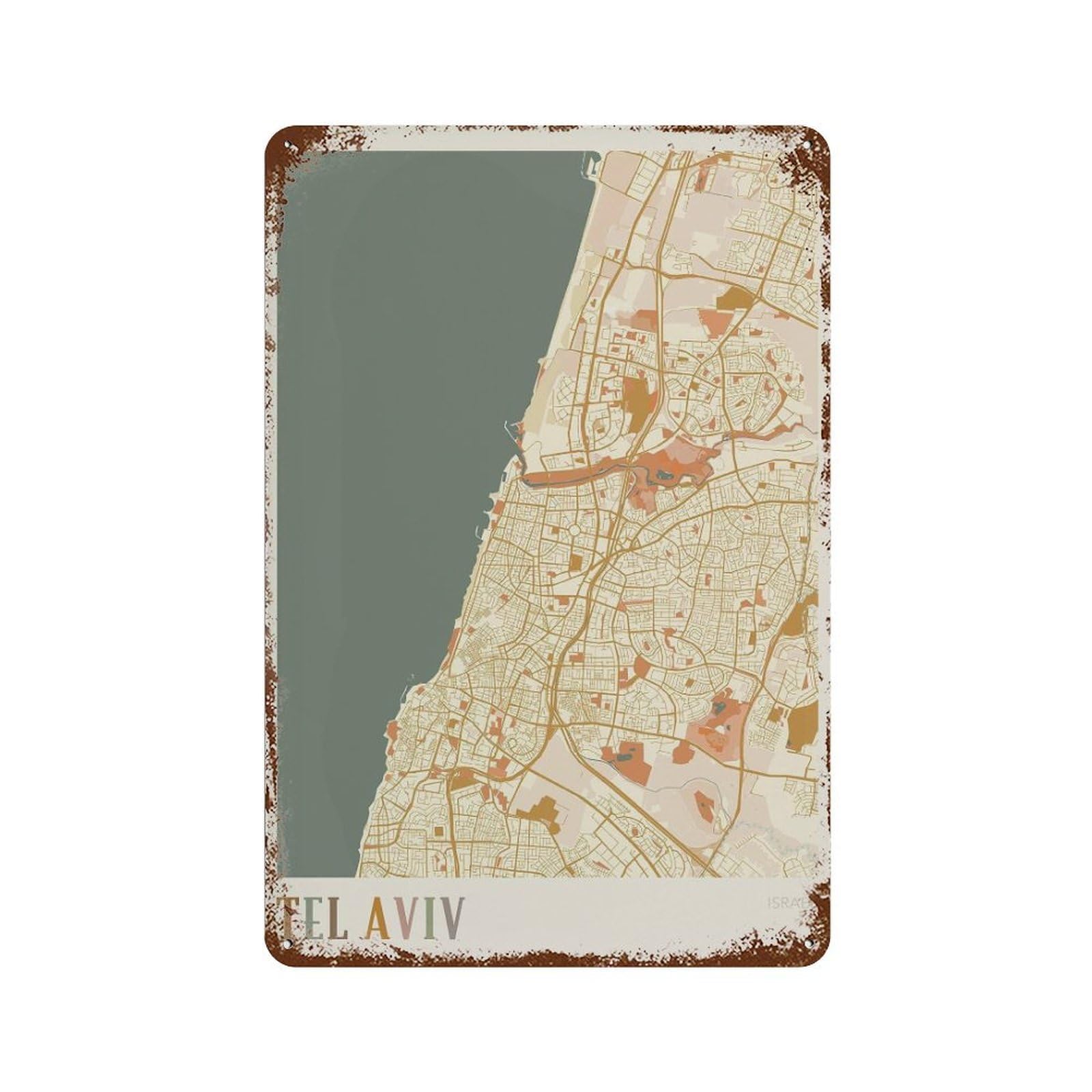 xiaoxiaoshen Tel Aviv Map Israel Travel Gift Boho Wall Decor Art Metal Tin Poster Modern Home Decor Art Home Bar Shop Decorations Vintage Sign 30x20cm