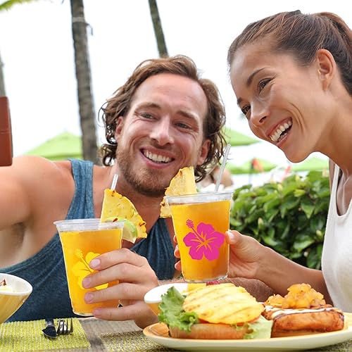 Miniatura 6 de Paquete de 150 vasos de plástico Hawaii con tapas, 12 onzas, transparentes, desechables, Luau, tazas de hojas de palmera tropicales a granel para